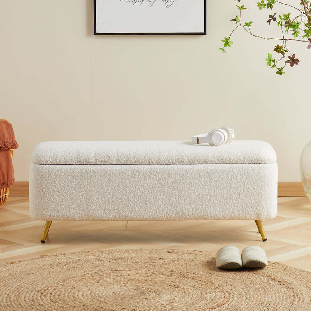 Modern Bedroom Boucle White Bench Upholstered Ottoman with Storage & Gold Legs Hauptbild