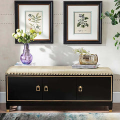 Black Faux Leather Entryway Bench with Shoe Storage Cabinet