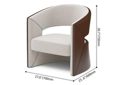 Trendy modern brown and beige accent chair made of solid wood and faux leather in barrel shape