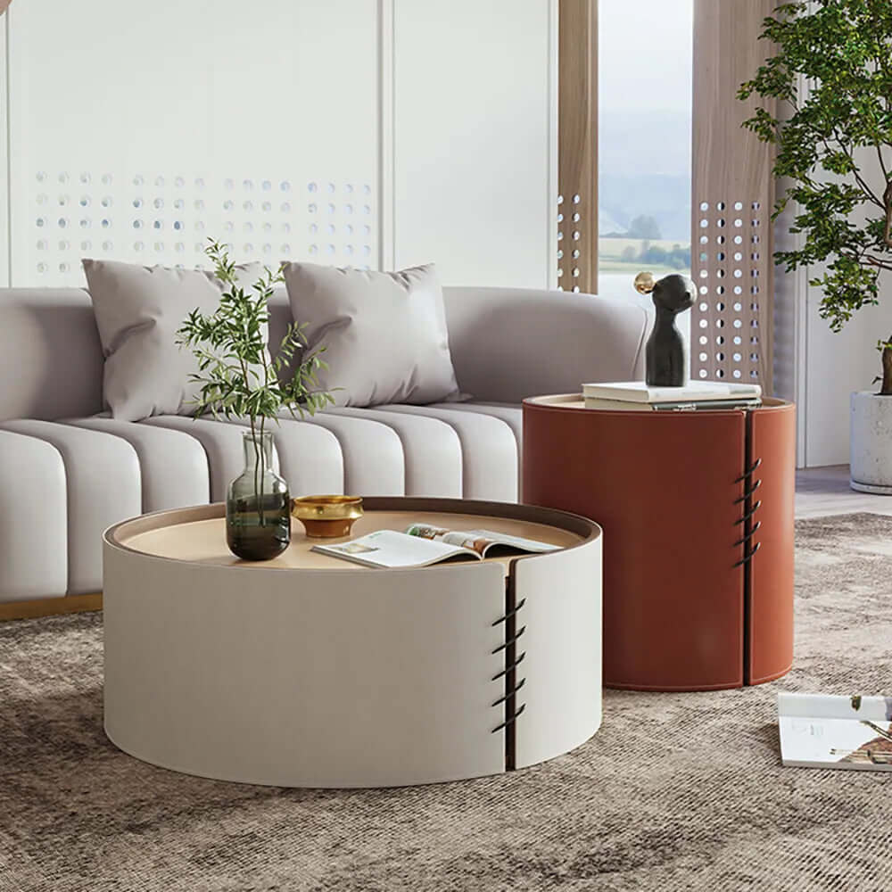 Runde Couchtisch-Sets mit Sattelleder & Sperrholz & Metall Set von 2 Zweitbild