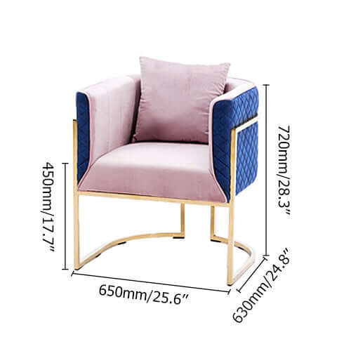 Trendy pink and blue velvet upholstered club chair with glamorous gold accents