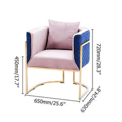 Trendy pink and blue velvet upholstered club chair with glamorous gold accents