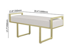 Chic modern bedroom bench in gray linen upholstery with stylish gold legs for entryway