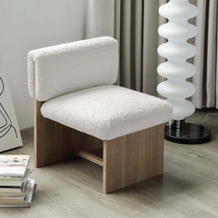 White boucle sherpa accent chair with modern wood frame for living room decor