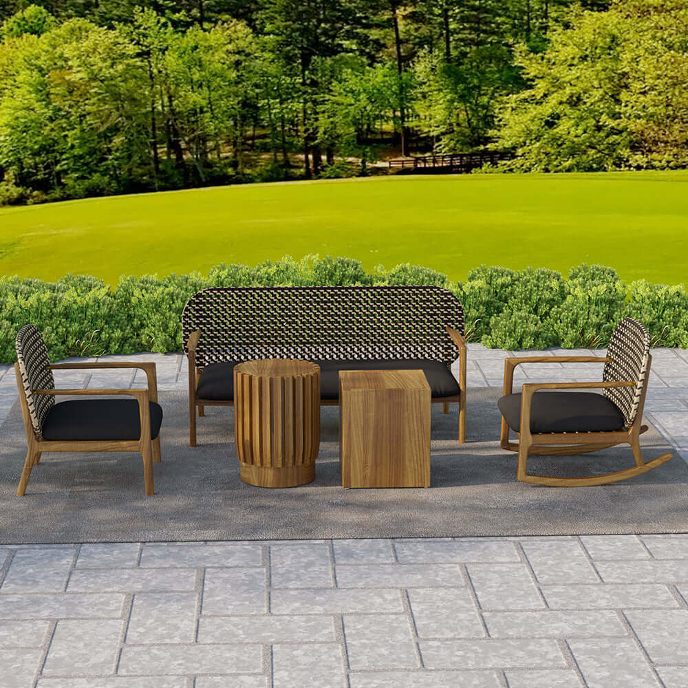 Teak and rattan 3-piece outdoor sofa set with natural wood rocking chair and cushions