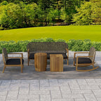 Teak and rattan 3-piece outdoor sofa set with natural wood rocking chair and cushions