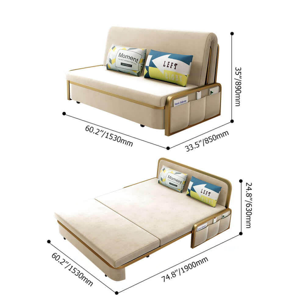 Versatile deep gray velvet sofa bed with gold legs and storage for small apartments or condos