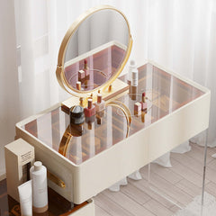 Contemporary white floating vanity set with extendable mirror, acrylic stool & drawers