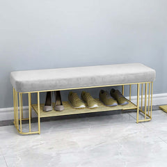 Fashionable green velvet upholstered bench with gold-tone frame and functional storage