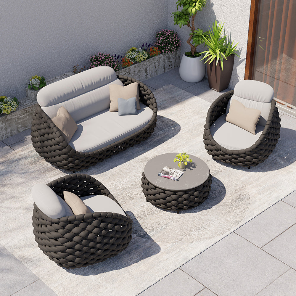 Terraza, mesas y sillas, jardín, mesa de ocio tejida con cuerda