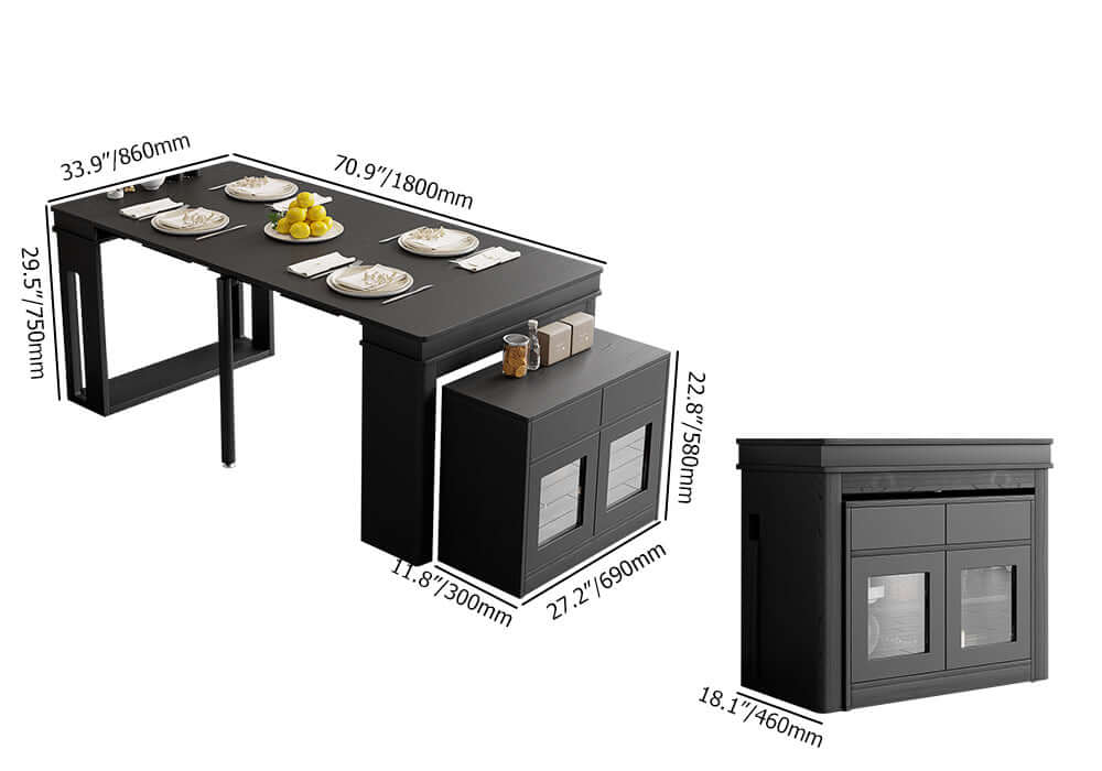 Modern extendable dining table with 4 chairs and rectangle storage sideboard in elegant walnut and gray finish