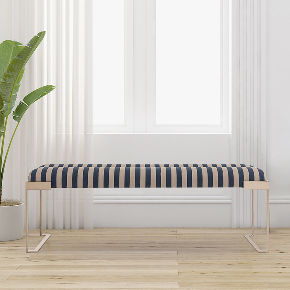 Elegant Stripe Velvet Ottoman Bench with Gold Base - Stylish Modern Seating for Home Decor