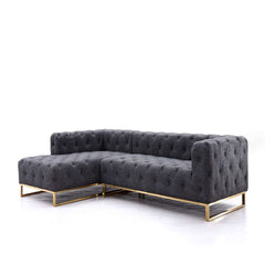 Gray modern tufted velvet upholstered sofa with gold base, 3-seater sectional design