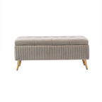 Contemporary flip top storage bench in gray velvet with gold legs