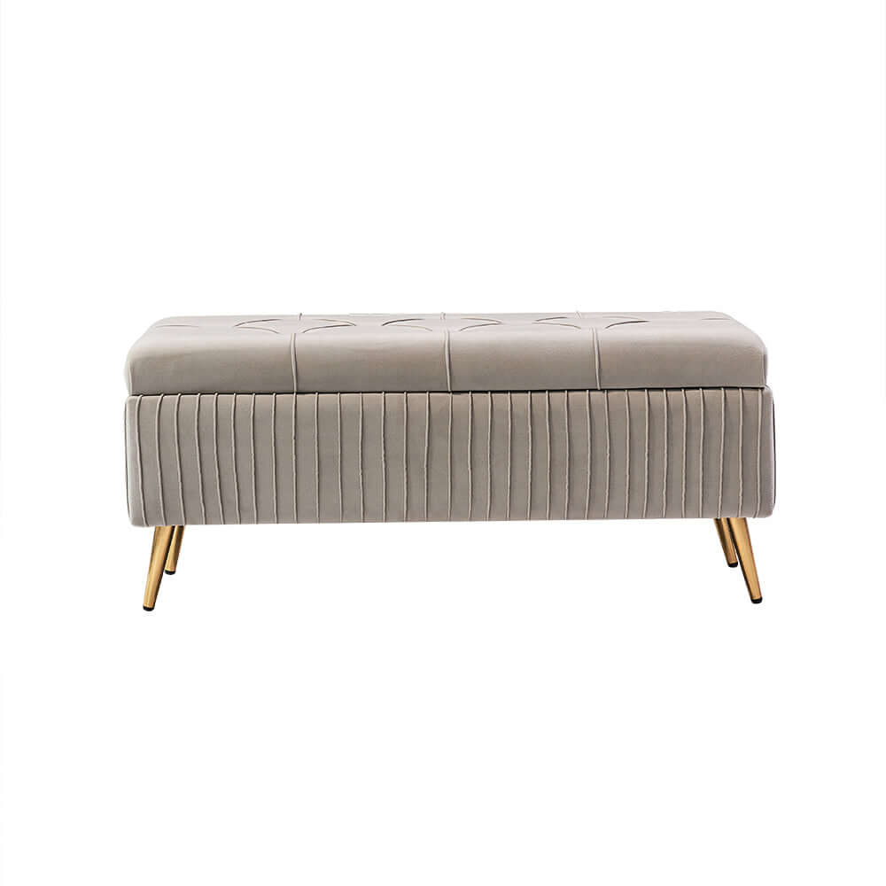Contemporary flip top storage bench in gray velvet with gold legs