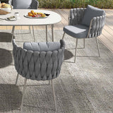 7 Pieces Outdoor Dining Set with Oval Faux Marble Top Table and Rope Woven Armchair