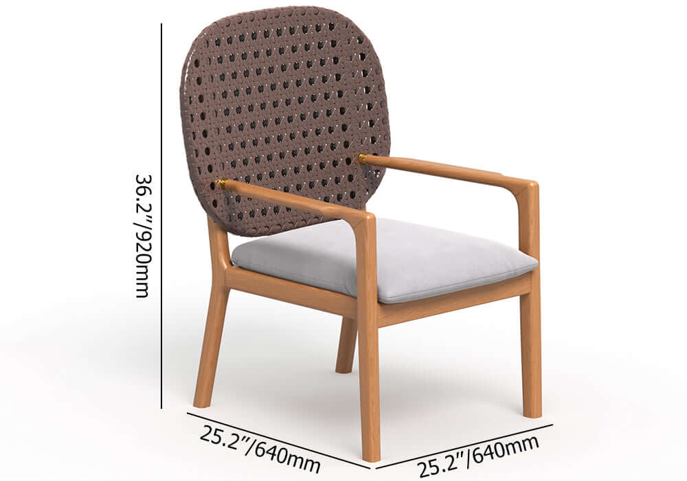 Teak wood outdoor dining set including glass top table and natural rattan armchair