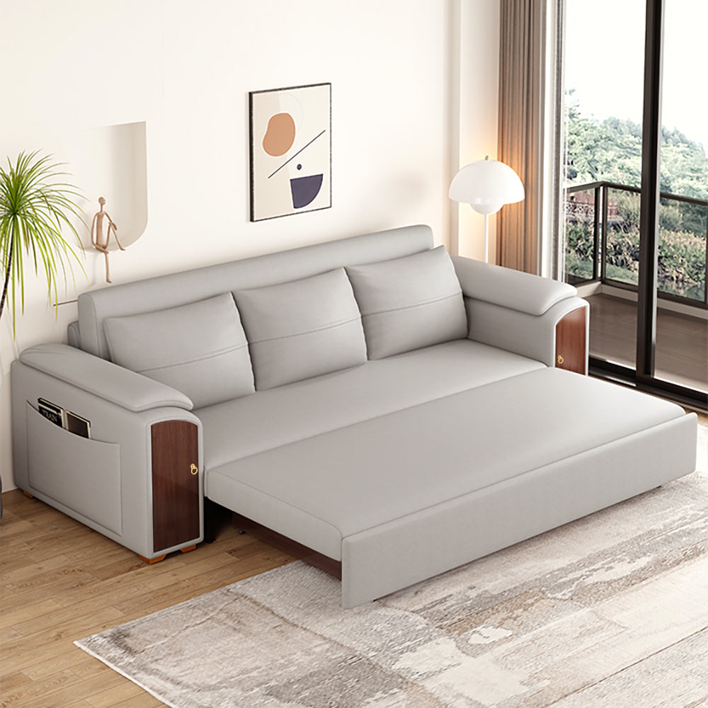 Contemporary 94.5" gray pull out sofa bed convertible LeathAire sleeper with lifttop coffee table