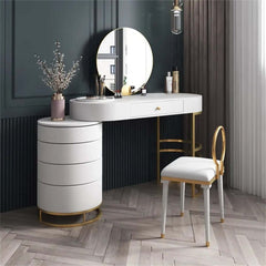 Modern blue makeup vanity set with side cabinet, extendable dressing table mirror & chair