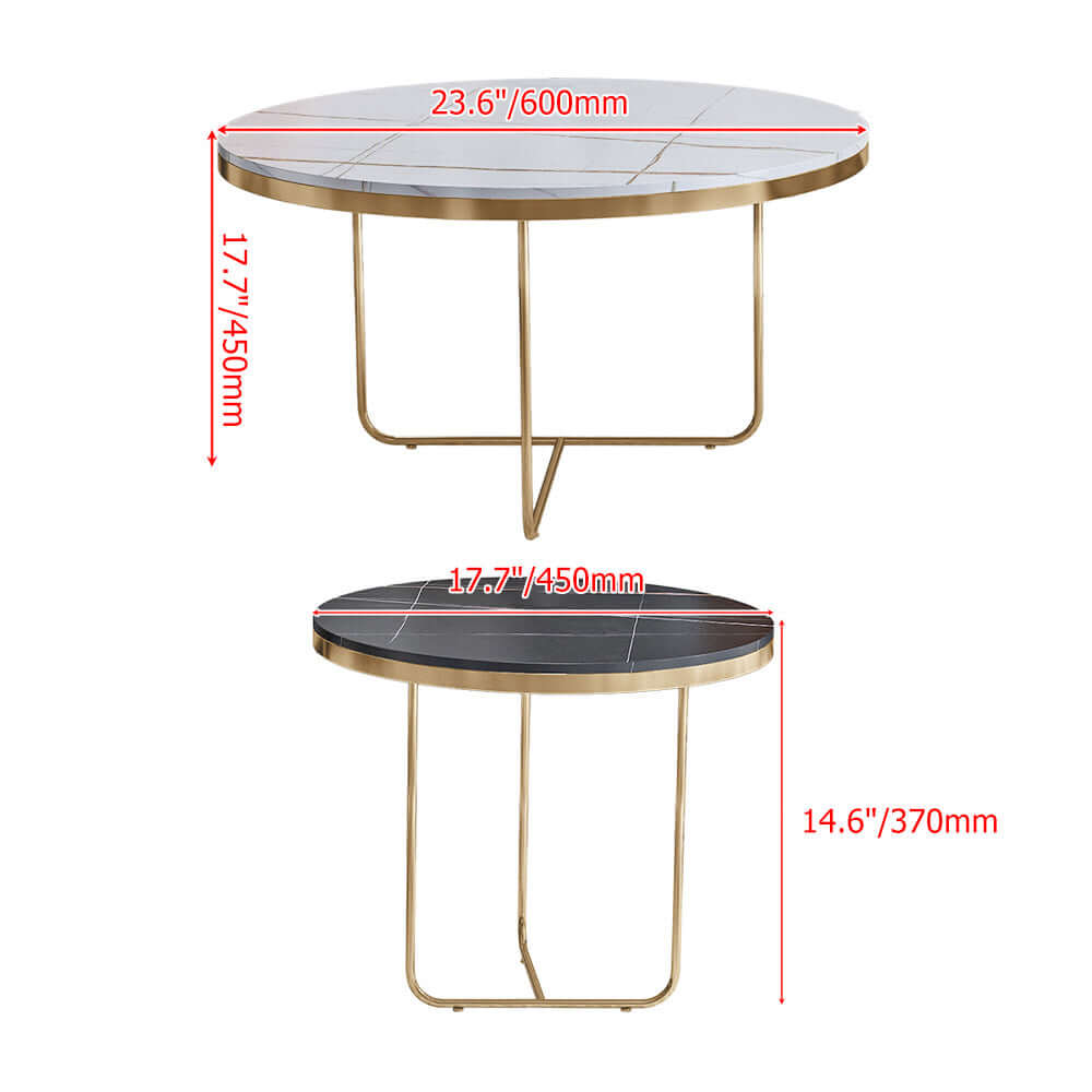Sleek nesting tables with black and white stone tops and gold bases for trendy modern living room decor