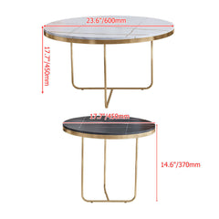 Sleek nesting tables with black and white stone tops and gold bases for trendy modern living room decor