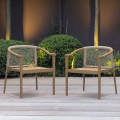 Set of two contemporary teak wood outdoor armchairs in natural and beige