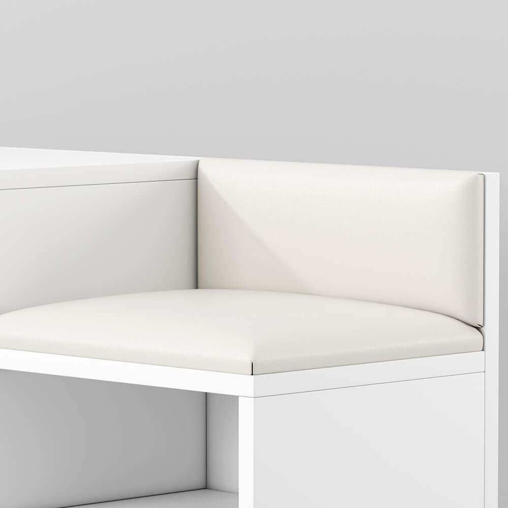 Contemporary upholstered white shoe rack bench with storage cabinet and shelf for hallway