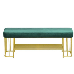 Trendy green velvet upholstered bench for entryway with modern golden frame and shelves