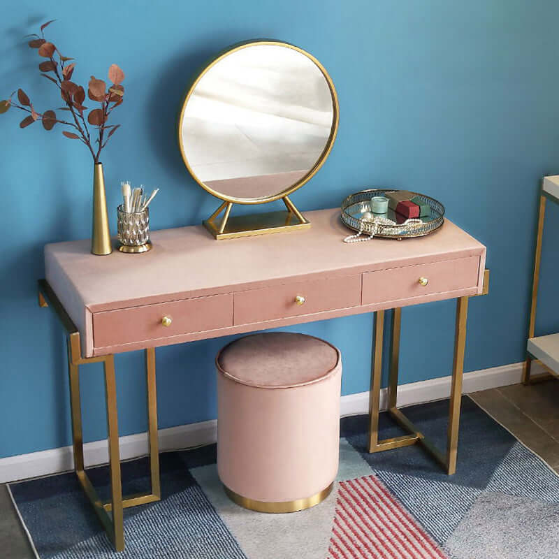 Pink Velvet Upholstered Makeup Vanity Table with Mirror - Elegant and Spacious Dressing Table with Stool メイン画像