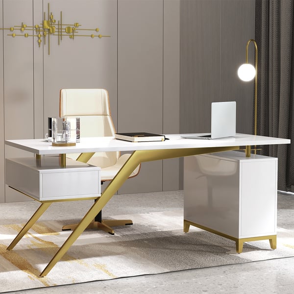 Black modern wooden executive writing desk and chair set for home office, 71 inches