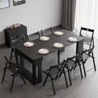 Contemporary walnut and gray dining set with extendable table, 4 chairs, and stylish storage sideboard
