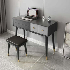 Versatile gray makeup vanity with fliptop mirror & cushioned stool for daily use