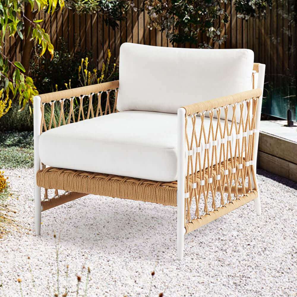 Woven Rope Outdoor Armchair Accent Chair with White Polyester Pillow Cushion - stylish and comfortable seating for patio or garden メイン画像