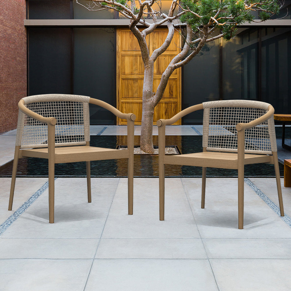 2 Pieces Modern Teak Wood Outdoor Patio Dining Chair Armchair Set in Natural & Beige
