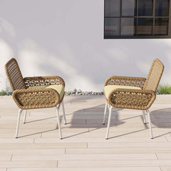 2 Pieces Farmhouse Aluminum & Rattan Outdoor Patio Dining Chair Armchair Set in Brown - Brown Rattan Material