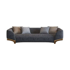 87 inch gray three-seat cotton and linen upholstered sofa with pillows and gold legs