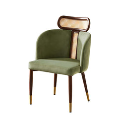 Set of 2 rattan dining room chairs in modern green velvet upholstery