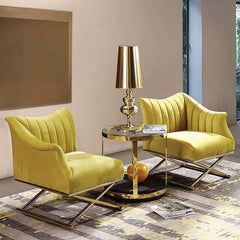 Modern nordic yellow velvet upholstered chair with gold legs, comfortable seat for home office or bedroom