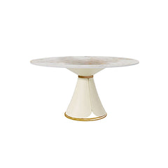 Luxury White Stonetop Dining Table with Golden Stainless Steel Pedestal and Round Top for Stylish Dining Area