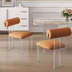 Stylish modern upholstered orange velvet dining chairs, set of 2 acrylic side chairs