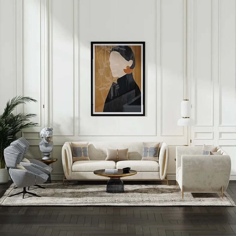 ベージュベルベット装飾ソファ 3人掛けソファ 贅沢ソファ 頑丈な木製フレーム ゴールドレッグ サブ画像