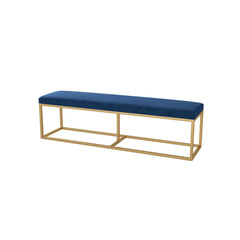 Stylish blue velvet bedroom bench with gold metal frame, comfortable and chic furniture for home decor