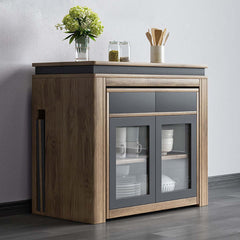 Contemporary walnut and gray dining set with extendable table, 4 chairs, and stylish storage sideboard