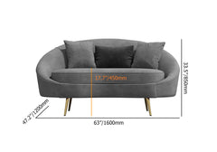 Modern pink velvet sofa with curved design, gold metal frame, and toss pillow, 63 inch length