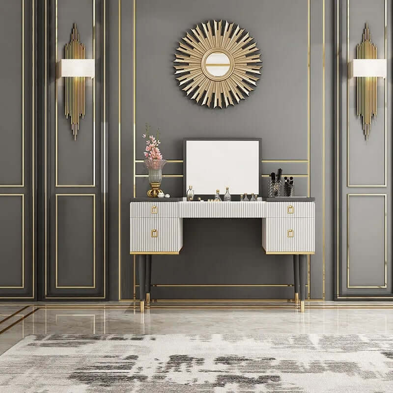 Functional 4Drawer Makeup Vanity Table, Flip Top Mirror, Chair, White & Gray Design for Stylish Home Decor