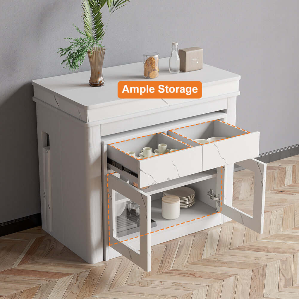 Contemporary walnut and gray dining set with extendable table, 4 chairs, and stylish storage sideboard