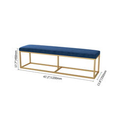 Modern blue velvet bedroom bench, stylish and comfortable seating with gold metal frame for bedroom or living room