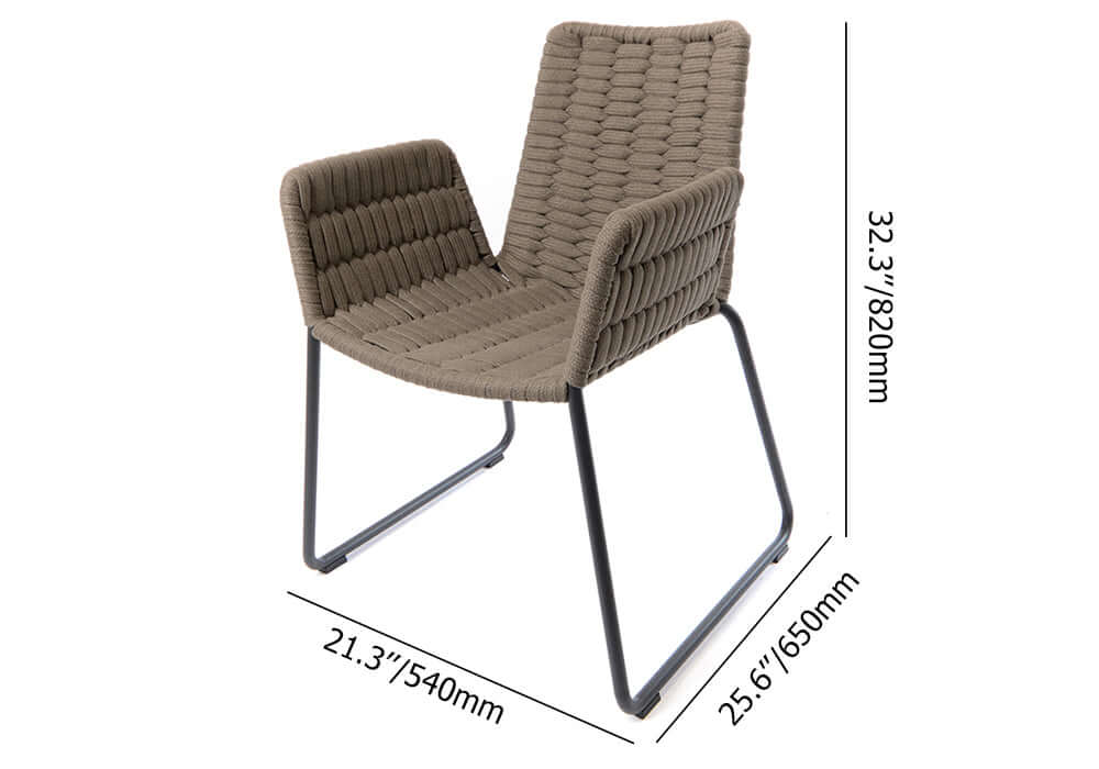 Durable 7-piece aluminum outdoor patio dining set with a teak wood top table and sturdy rope chairs for long-lasting outdoor enjoyment