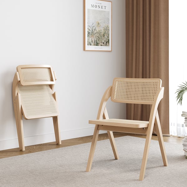 Japandi Natural Folding Dining Chair (Set of 2) Solid Wood Rattan Side Chair