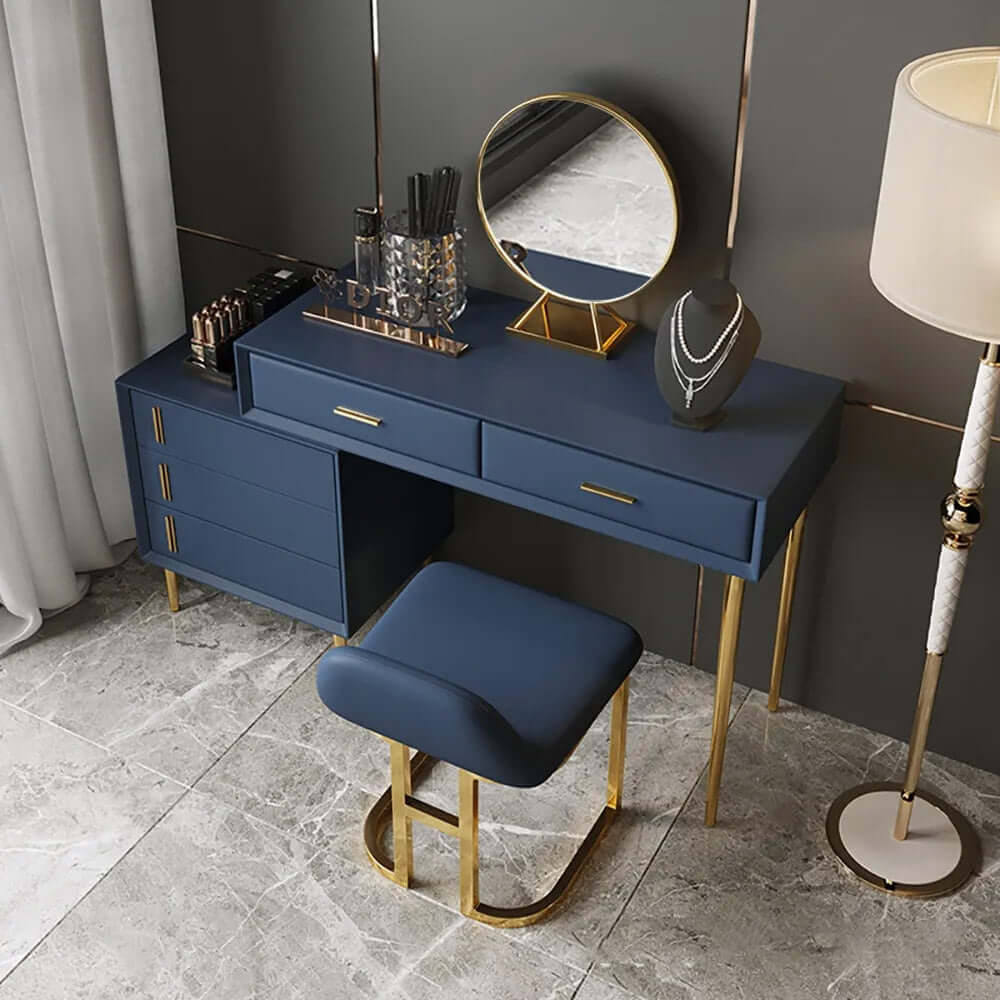 Blue makeup vanity set with stool and mirror included